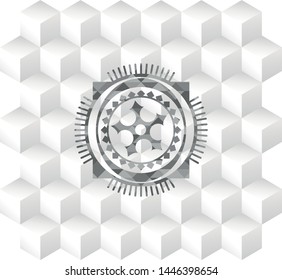ninja star icon inside grey emblem. Retro with geometric cube white background