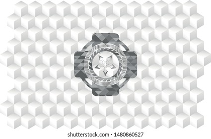 ninja star icon inside grey emblem. Retro with geometric cube white background