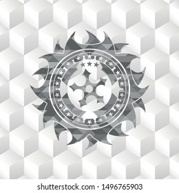 ninja star icon inside grey emblem with geometric cube white background