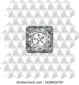 ninja star icon inside grey emblem with geometric cube white background