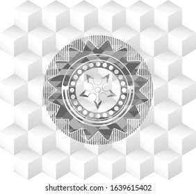 ninja star icon inside grey emblem. Vintage with geometric cube white background