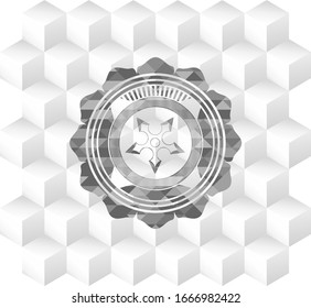 ninja star icon inside grey emblem. Vintage with geometric cube white background