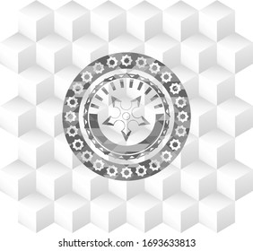 ninja star icon inside grey emblem. Retro with geometric cube white background