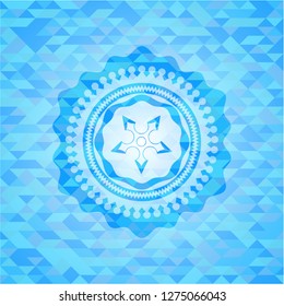 ninja star icon inside light blue emblem. Mosaic background