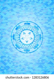 ninja star icon inside light blue emblem with mosaic ecological style background