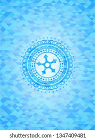 ninja star icon inside light blue emblem. Mosaic background