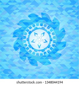 ninja star icon inside light blue emblem with mosaic ecological style background