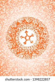 ninja star icon inside orange tile background illustration. Square geometric mosaic seamless pattern with emblem inside.