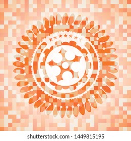 ninja star icon inside orange tile background illustration. Square geometric mosaic seamless pattern with emblem inside.