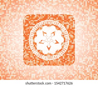 ninja star icon inside orange tile background illustration. Square geometric mosaic seamless pattern with emblem inside.