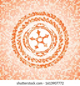 ninja star icon inside orange tile background illustration. Square geometric mosaic seamless pattern with emblem inside.