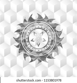 ninja star icon inside realistic grey emblem with cube white background