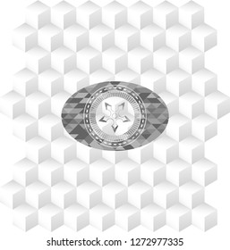 ninja star icon inside realistic grey emblem with geometric cube white background