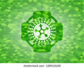 ninja star icon inside realistic green emblem. Mosaic background
