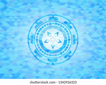 ninja star icon inside realistic light blue emblem. Mosaic background