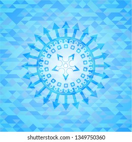 ninja star icon inside realistic sky blue emblem. Mosaic background