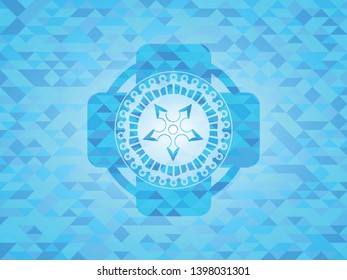ninja star icon inside realistic sky blue emblem. Mosaic background