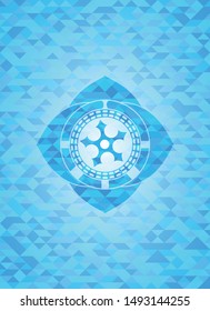 ninja star icon inside realistic sky blue emblem. Mosaic background