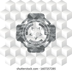 ninja star icon inside realistic grey emblem with cube white background