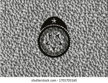 icono de estrella ninja dentro de emblema oscuro realista con fondo de burbujas grises. Ilustración vectorial. Detallado.