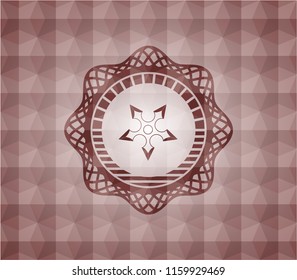 ninja star icon inside red geometric pattern emblem. Seamless.