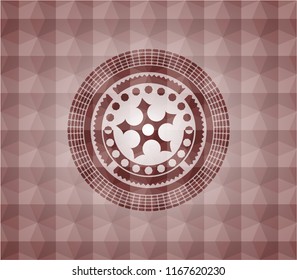ninja star icon inside red seamless emblem or badge with geometric pattern background.