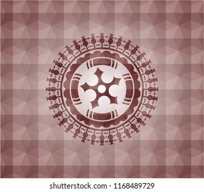 ninja star icon inside red emblem or badge with abstract geometric polygonal pattern background. Seamless.