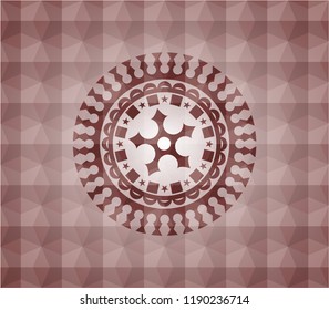 ninja star icon inside red emblem or badge with abstract geometric pattern background. Seamless.