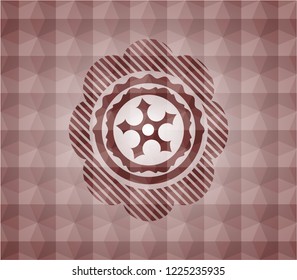 ninja star icon inside red emblem or badge with geometric pattern background. Seamless.