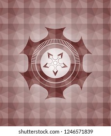 ninja star icon inside red polygonal badge. Seamless.