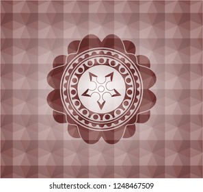 ninja star icon inside red badge with geometric pattern. Seamless.