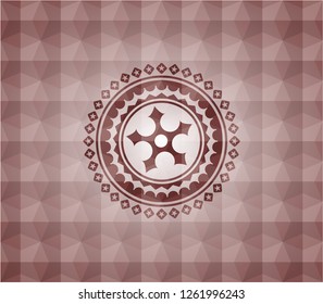 ninja star icon inside red emblem with geometric background. Seamless.