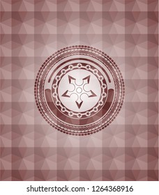 ninja star icon inside red seamless emblem or badge with abstract geometric polygonal pattern background.