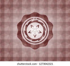ninja star icon inside red polygonal badge. Seamless.