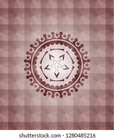 ninja star icon inside red polygonal badge. Seamless.