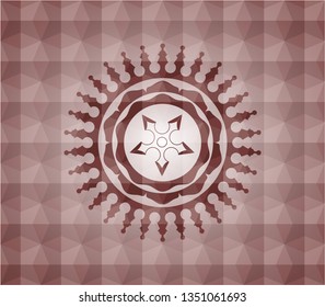 ninja star icon inside red badge with geometric pattern background. Seamless.