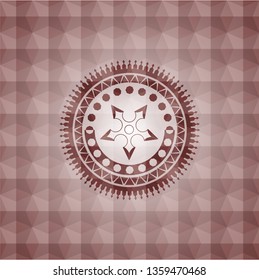 ninja star icon inside red emblem or badge with geometric pattern background. Seamless.