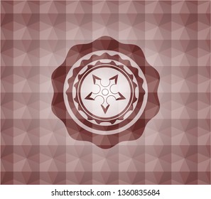 ninja star icon inside red emblem with geometric pattern. Seamless.