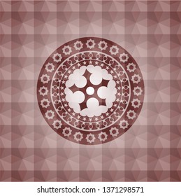 ninja star icon inside red seamless geometric pattern emblem. Seamless.