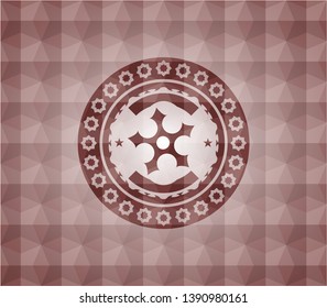 ninja star icon inside red geometric pattern emblem. Seamless.