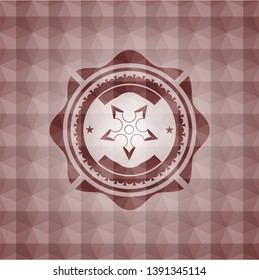 ninja star icon inside red seamless geometric pattern emblem. Seamless.