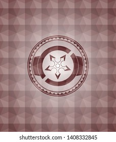 ninja star icon inside red seamless emblem or badge with geometric pattern background.