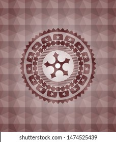 ninja star icon inside red seamless emblem or badge with abstract geometric polygonal pattern background.