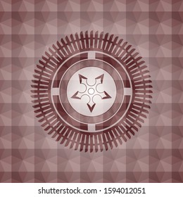 ninja star icon inside red seamless emblem or badge with geometric pattern background.