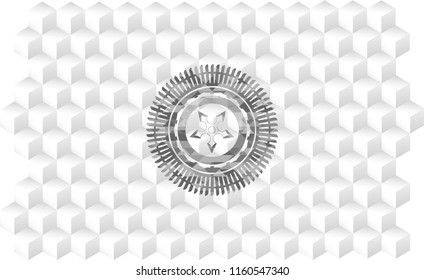 ninja star icon inside retro style grey emblem with geometric cube white background