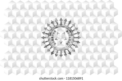 ninja star icon inside retro style grey emblem with geometric cube white background