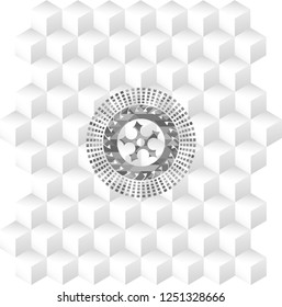 ninja star icon inside retro style grey emblem with geometric cube white background