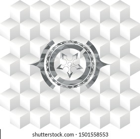 ninja star icon inside retro style grey emblem with geometric cube white background
