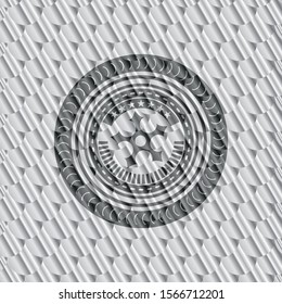 ninja star icon inside shiny silver badge. Scales pattern. Vector Illustration. Detailed.