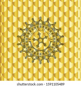 ninja star icon inside shiny golden emblem. Scales pattern. Vector Illustration. Detailed.